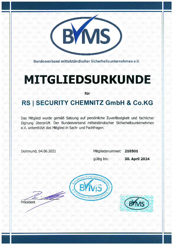 Mitgliedsurkunde für RS | SECURITY CHEMNITZ  GmbH & Co.KG